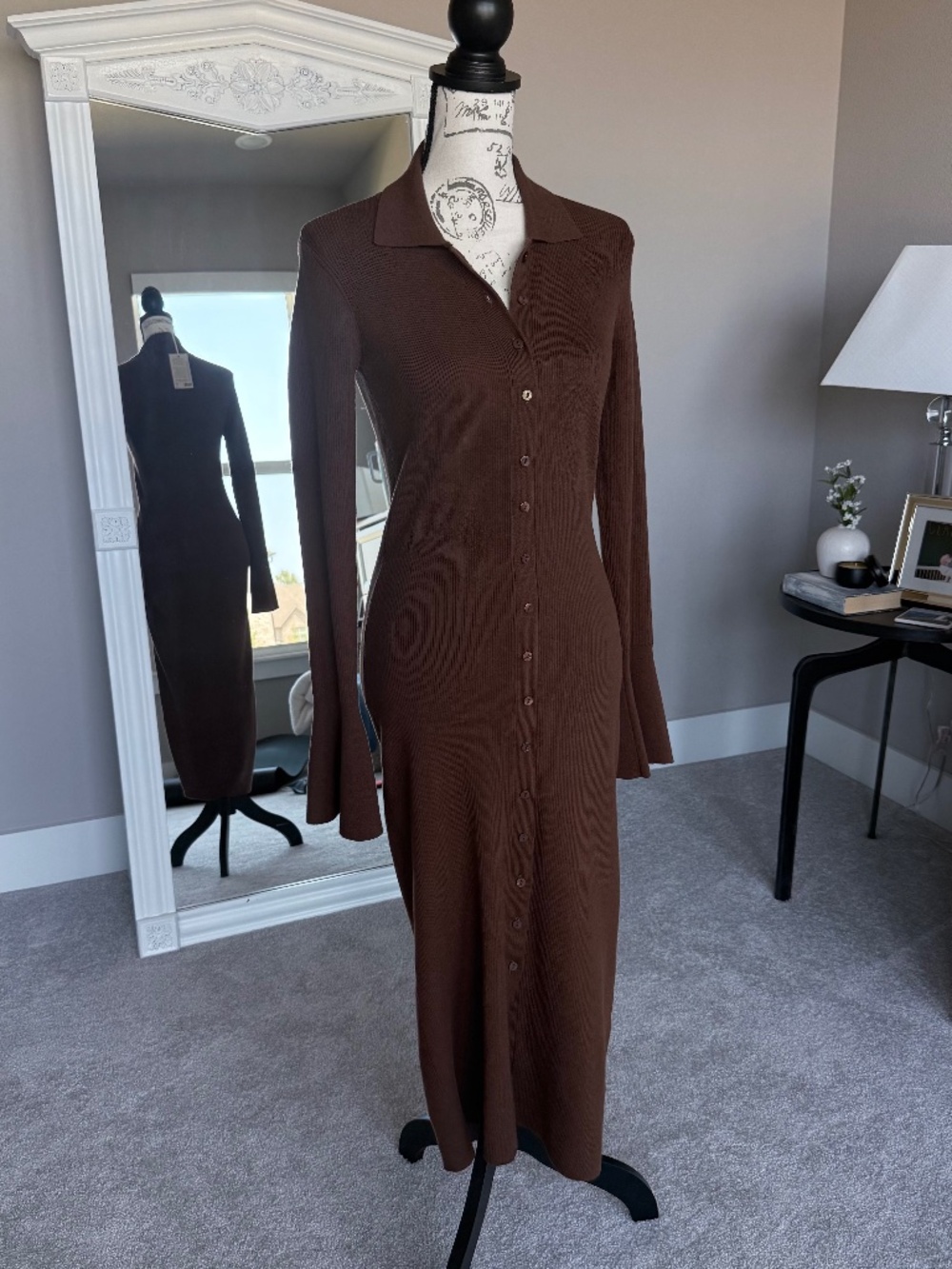 Paige Sundara Long Sleeve Organic Cotton and Silk Blend Rib Midi Dress